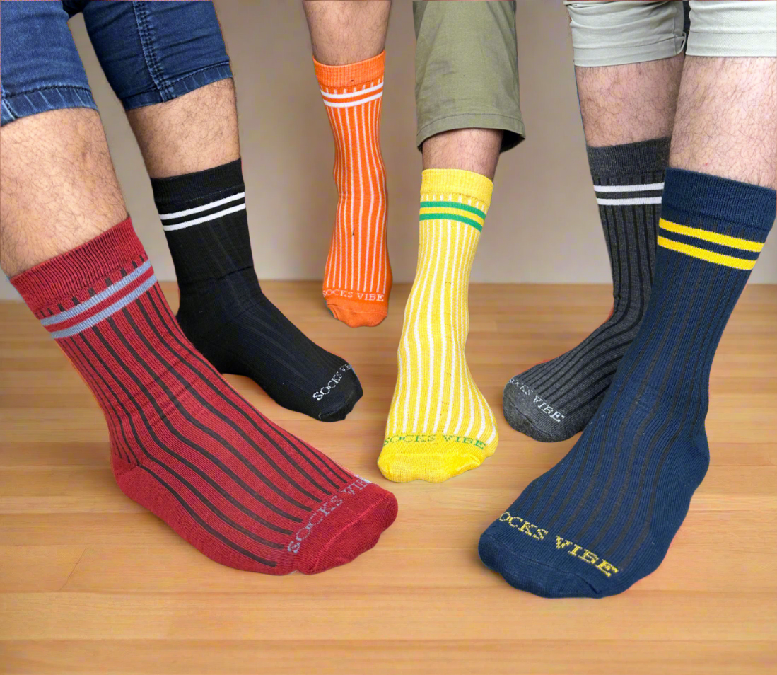 Socks Vibe StripePop Series – Men’s Cotton Crew Socks (Pack of 6 Colors)