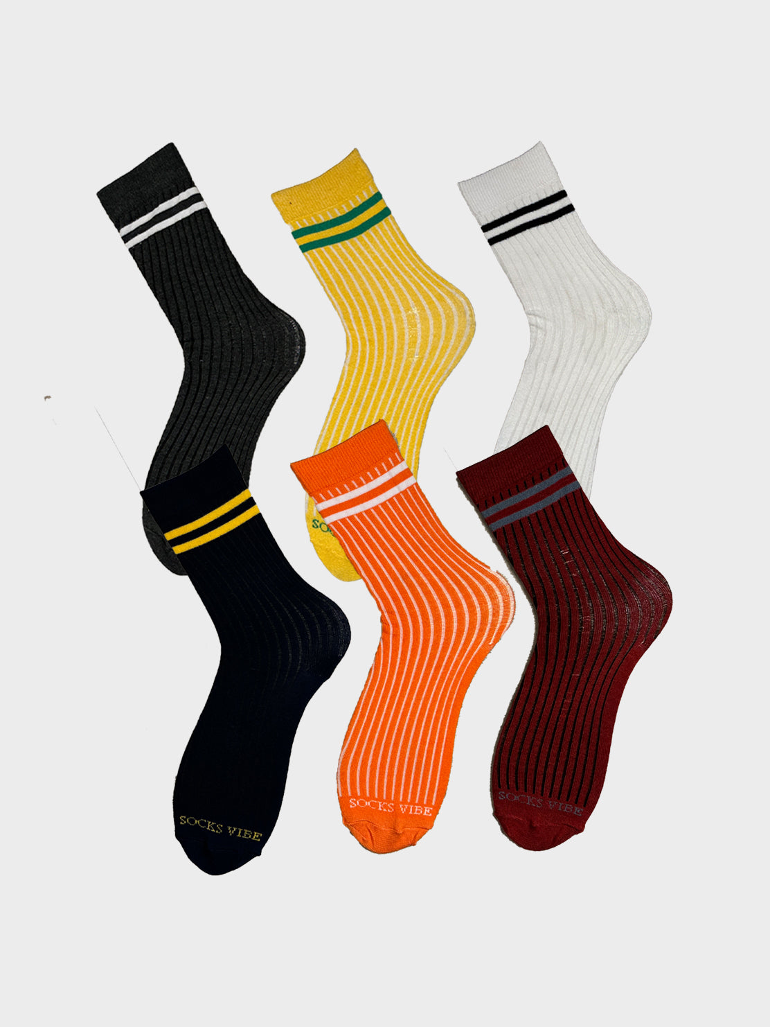 Socks Vibe StripePop Series – Men’s Cotton Crew Socks (Pack of 6 Colors)